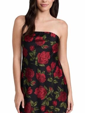 Show Me Your MuMu Black Strapless Mini Dress with Red Rose Print